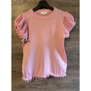 THML Women S Top Tee Shirt Blouse Flutter Raw Hem Sleeve Barbie Pink Preppy Knit